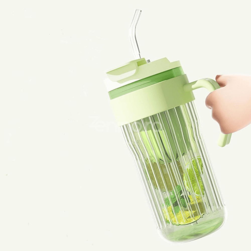 2in1 Glass Mug, Capacity 550ml, for Tea/Coffee, Reusable Straw, with Handle, Green, Purple, Pink