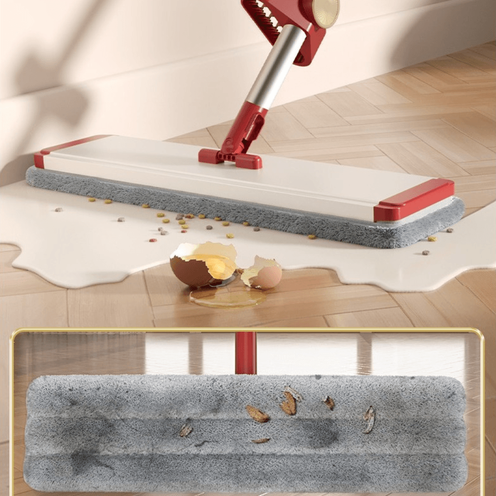 2в1 плосък моп, система за изстискване, 2 микрофибърни кърпи, телескопична дръжка 130 см, въртене на 360 градуса, червен