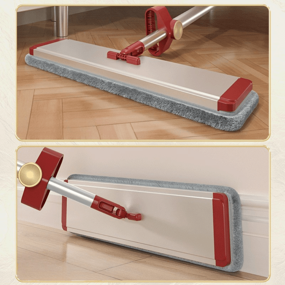 2в1 плосък моп, система за изстискване, 2 микрофибърни кърпи, телескопична дръжка 130 см, въртене на 360 градуса, червен