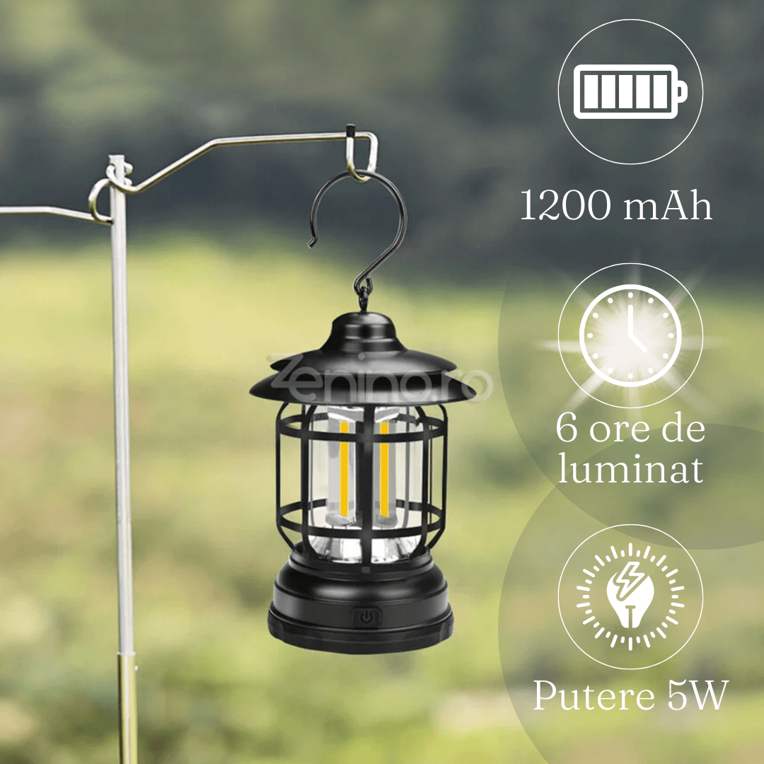 Преносима къмпинг лампа, 5W, тип фенер, 1200mAh, регулируем интензитет, 21 COB LED, USB зареждане, черна, зелена, червена