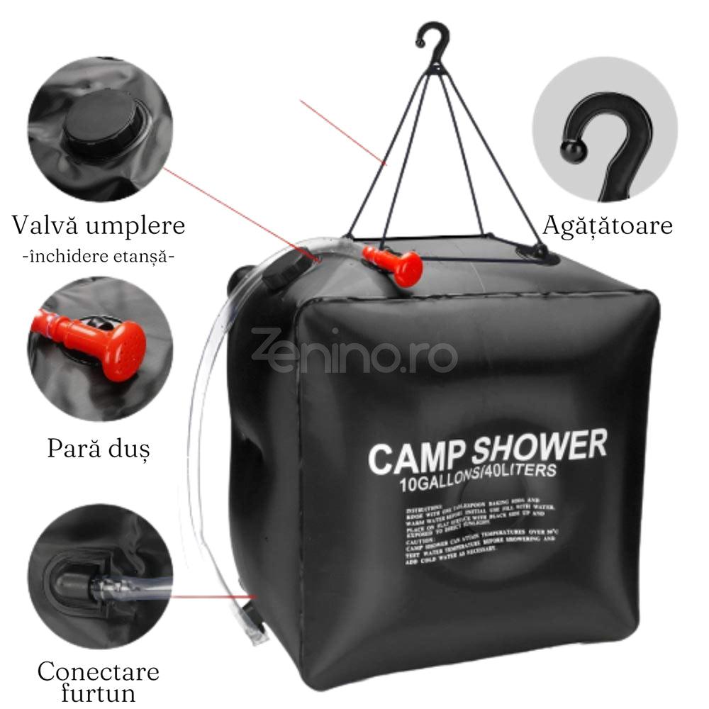 Portable Solar Heated Shower, for Camping, 20/40L, Leakproof Closure, Hanging Handle, Easy to Fill, Black