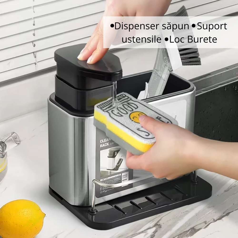 Dispenser Sapun 3in1, Compartiment Ustensile, Suport Burete, pentru Bucatarie