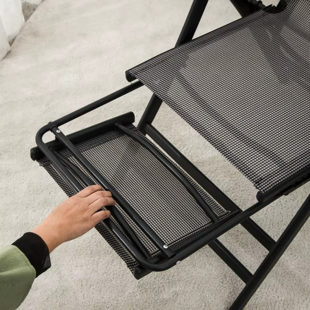 2in1 Garden Chair, Chaise Lounge Type, Footrest, Foldable, Metal Frame, Teslin Fabric, Black