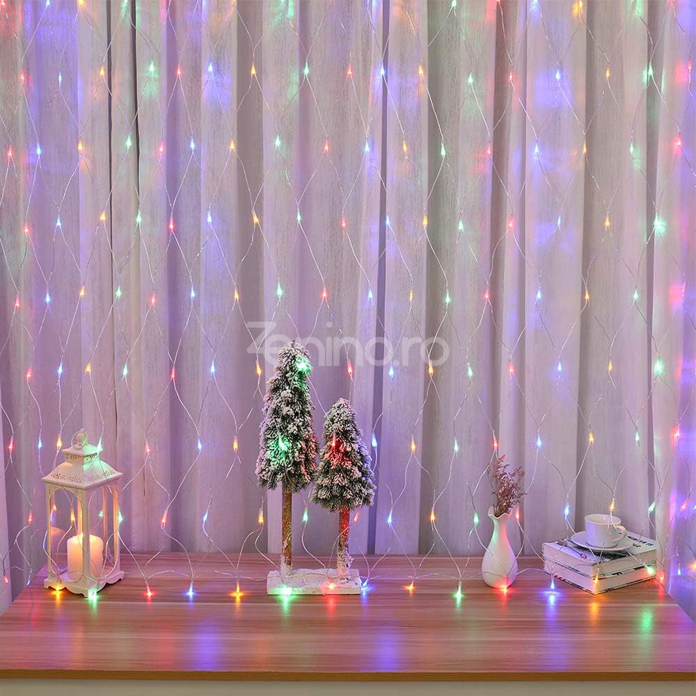 Instalatie de Craciun, Tip Plasa, Becuri LED, 8 Jocuri de Lumini, Interconectabila, Fir Transparent, Prelungitor 1.5m, Alb Cald, Rece, Multicolor