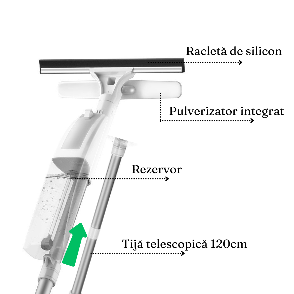Stergator Geamuri cu Pulverizator, Laveta Microfibra, Racleta Silicon, Telescopic, Alb