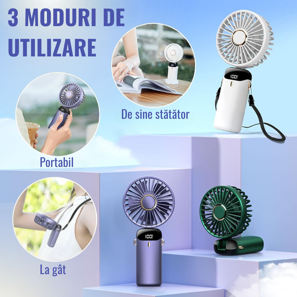Mini Ventilator Portabil, 5 Viteze, Autonomie 12h, Model Pliabil, Incarcare USB