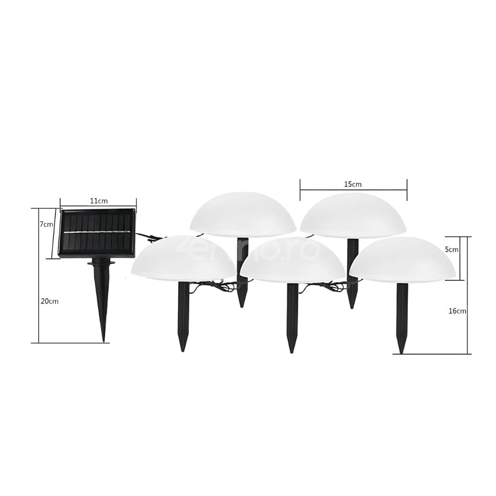 Set of 5 Solar Lamps, Mushroom Model, 1200mAh, with Solar Panel, Ground Mounting, 15x16cm, Warm/Cold White Light