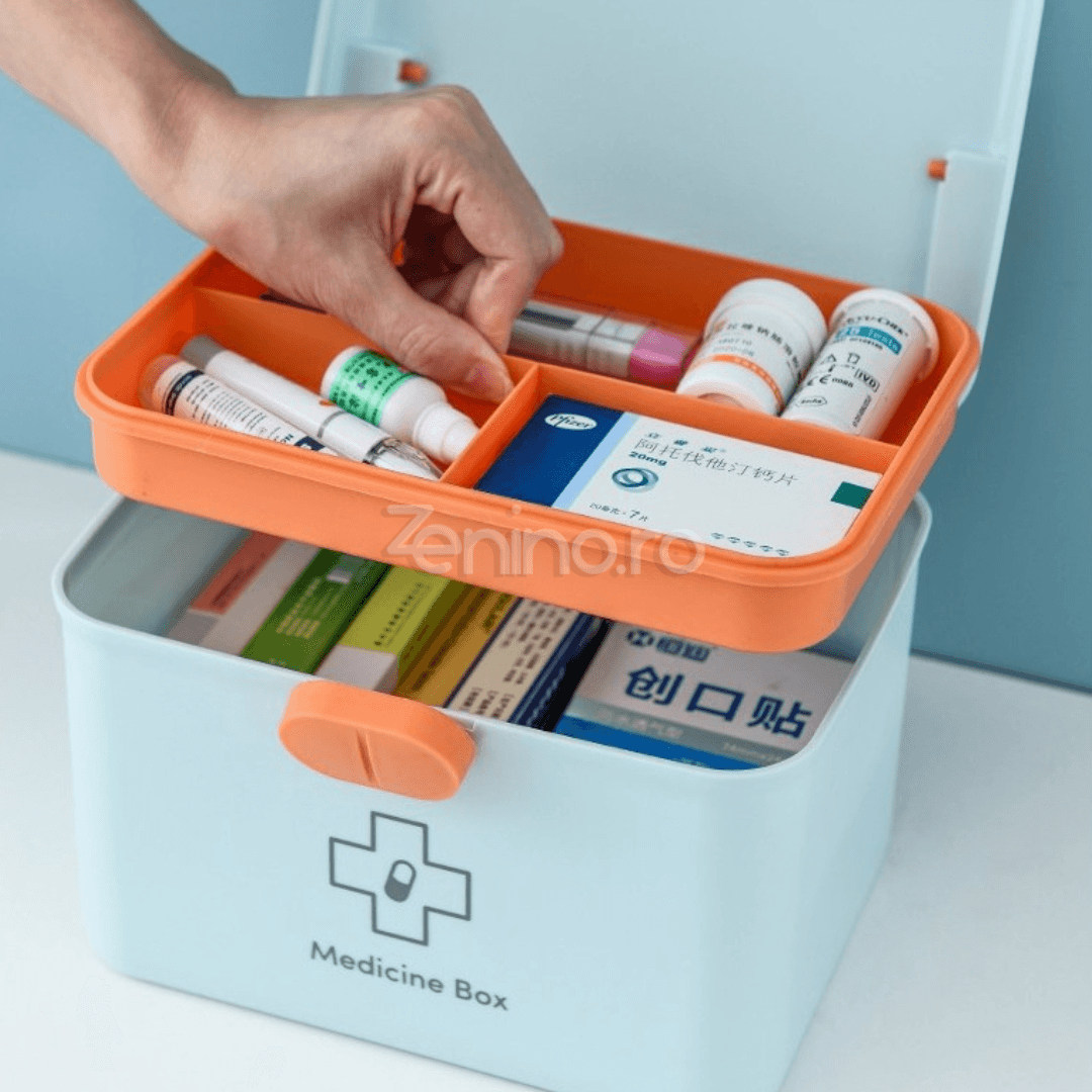 Medicine Organizer, Removable Compartment, Portable, Secure Closure, 21x15x15.5cm, White, Pink, Blue