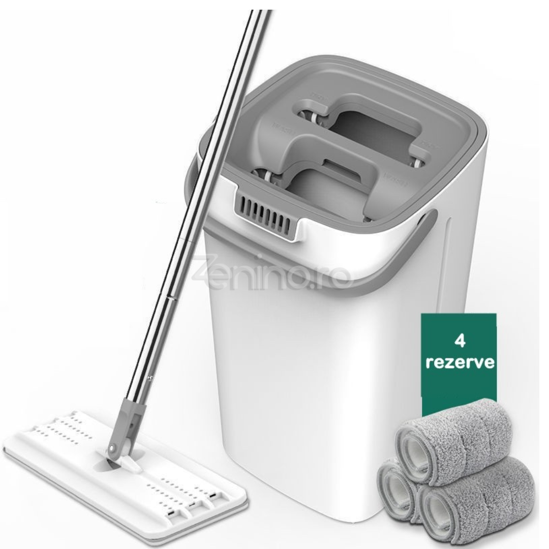 Комплект от микрофибърен моп и кофа, бързо попиване, почистване на зъби, 4 пълнителя, ефикасно почистване, 5,7 л, бял