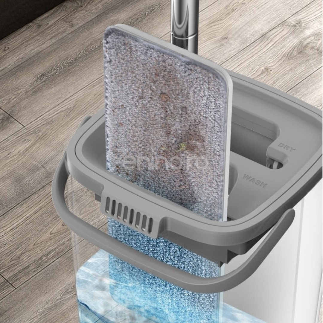 Комплект от микрофибърен моп и кофа, бързо попиване, почистване на зъби, 4 пълнителя, ефикасно почистване, 5,7 л, бял