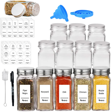 Set Recipiente Condimente, Capac din Aluminiu/Lemn, 96 de Etichete Albe in Romana, 12-24 Solnite, Palnie, Marker, 110ml, Sticla