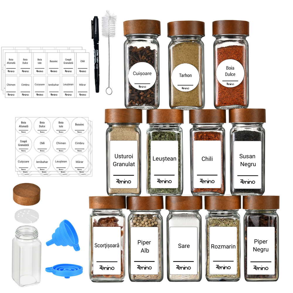 Set Recipiente Condimente, Capac din Aluminiu/Lemn, 96 de Etichete Albe in Romana, 12-24 Solnite, Palnie, Marker, 110ml, Sticla