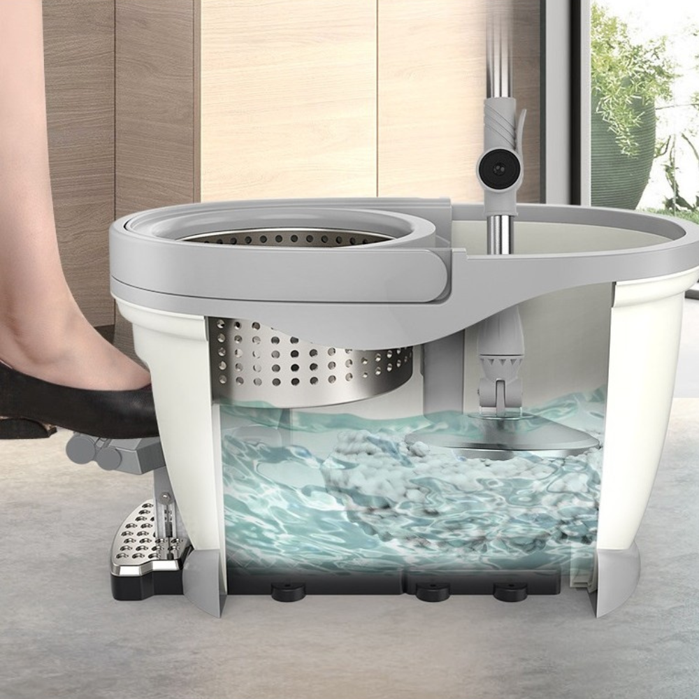 Rotary Mop and Bucket Set, Pedal Spinner, Telescopic Pole, 2 Microfiber Heads, 130cm, Green