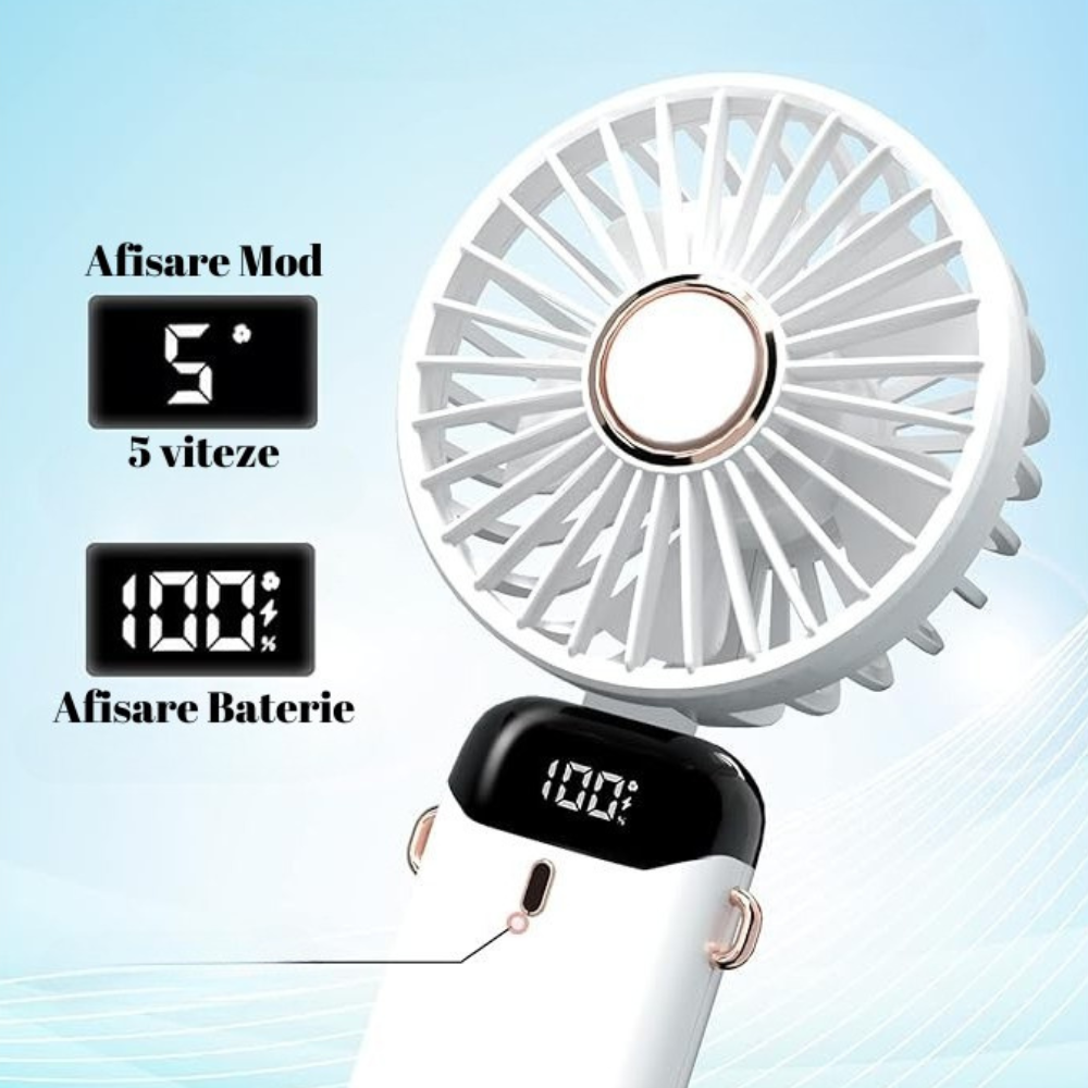 Mini Ventilator Portabil, 5 Viteze, Autonomie 12h, Model Pliabil, Incarcare USB