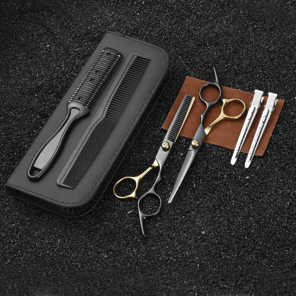 Hairdressing Set, 2 Steel Scissors, Comb, Velvet Cloth, Case, Black