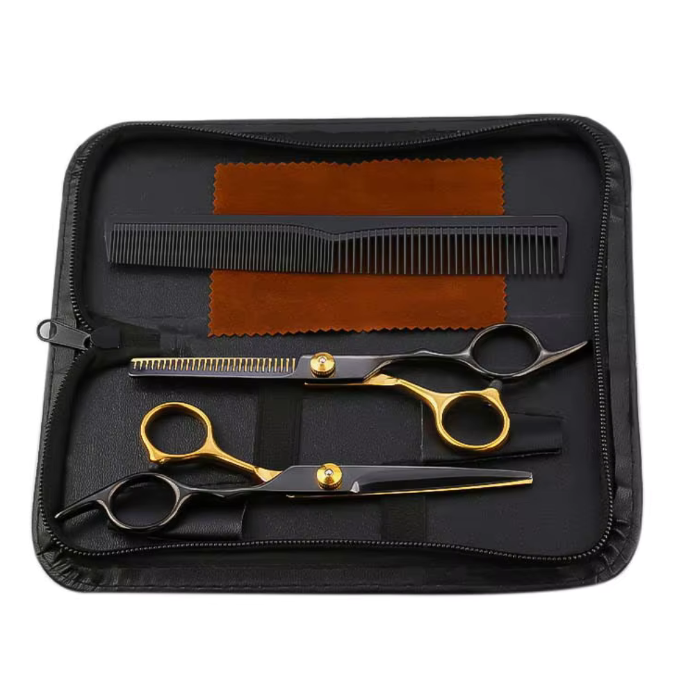 Hairdressing Set, 2 Steel Scissors, Comb, Velvet Cloth, Case, Black