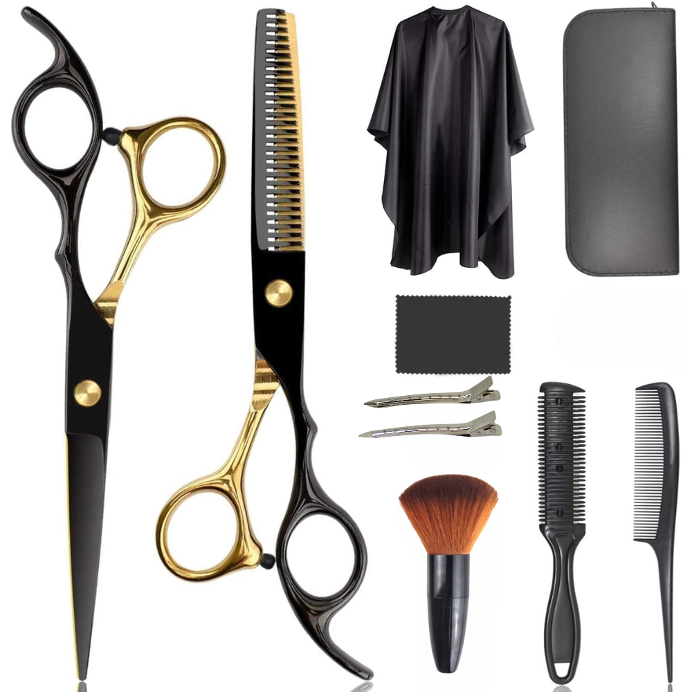 Hairdressing Set, 2 Steel Scissors, Comb, Velvet Cloth, Case, Black