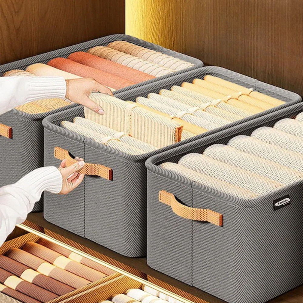 Кутия за съхранение на дрехи, метална рамка, текстилен материал, с дръжки