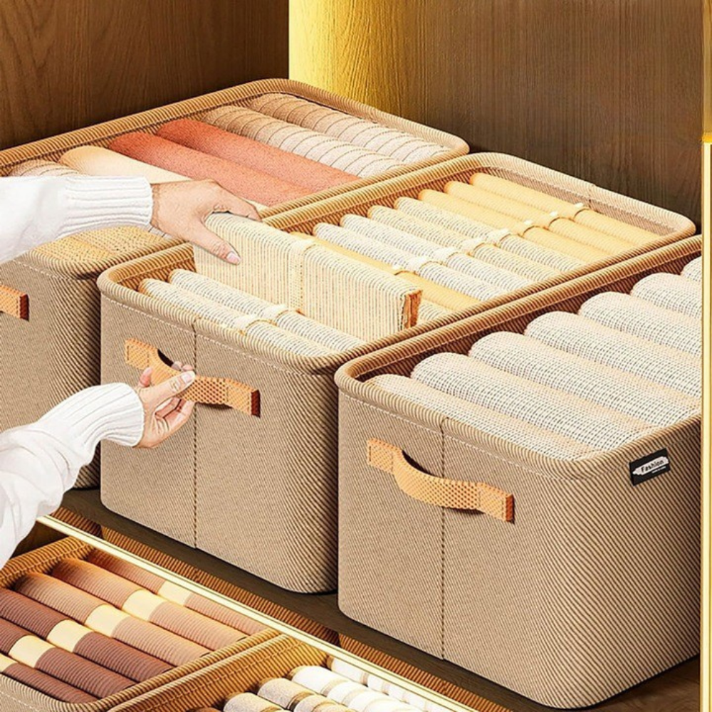 Кутия за съхранение на дрехи, метална рамка, текстилен материал, с дръжки