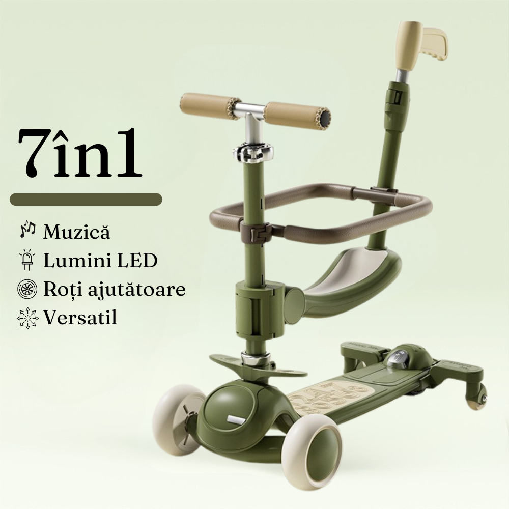 3in1 Children's Scooter, Stroller Type, Safety Frame, Adjustable Handlebar, LED Lights, Music, Versatile