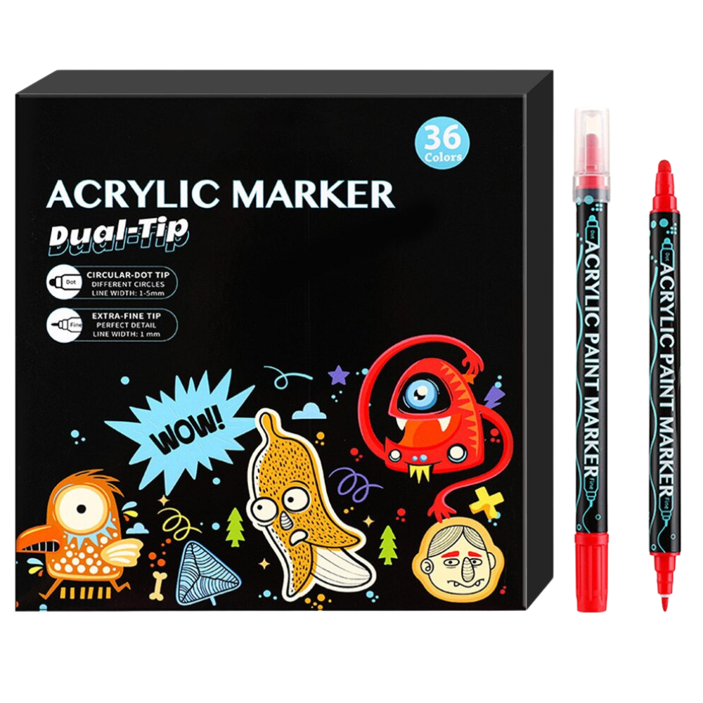 Комплект акрилни маркери, двоен връх 1-5 мм, 24-36 интензивни цвята, за различни повърхности