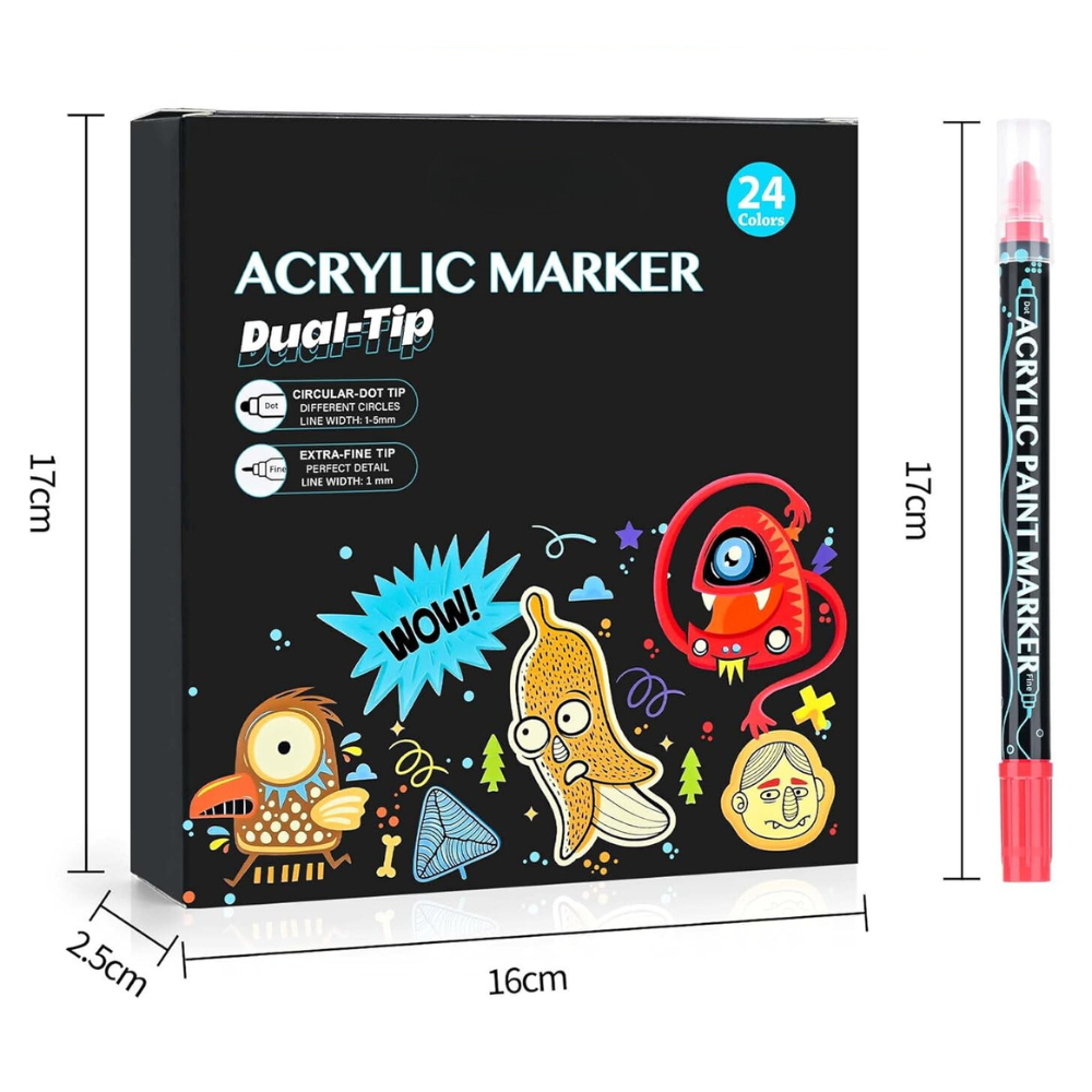 Комплект акрилни маркери, двоен връх 1-5 мм, 24-36 интензивни цвята, за различни повърхности