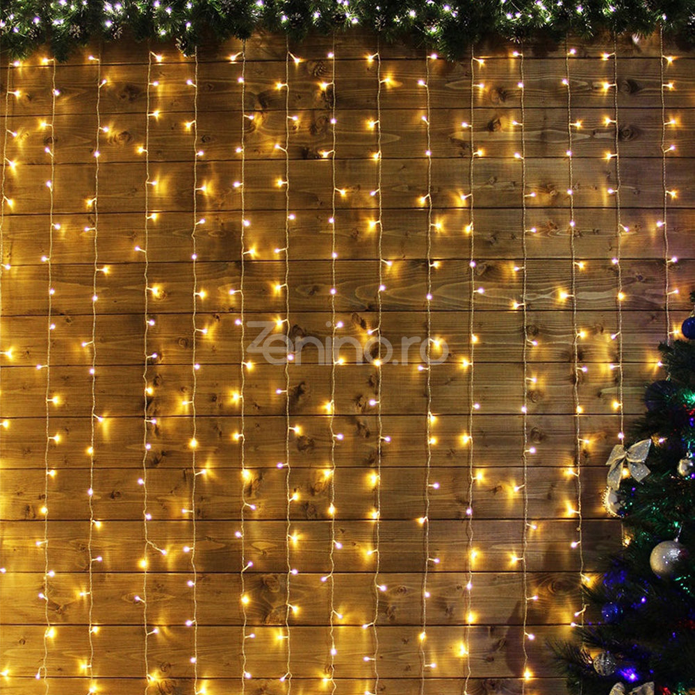 Instalatie de Craciun, Tip Perdea, Becuri LED, 8 Jocuri de Lumini, Fir Transparent, Prelungitor 1.5m, Alb Cald, Rece, Multicolor