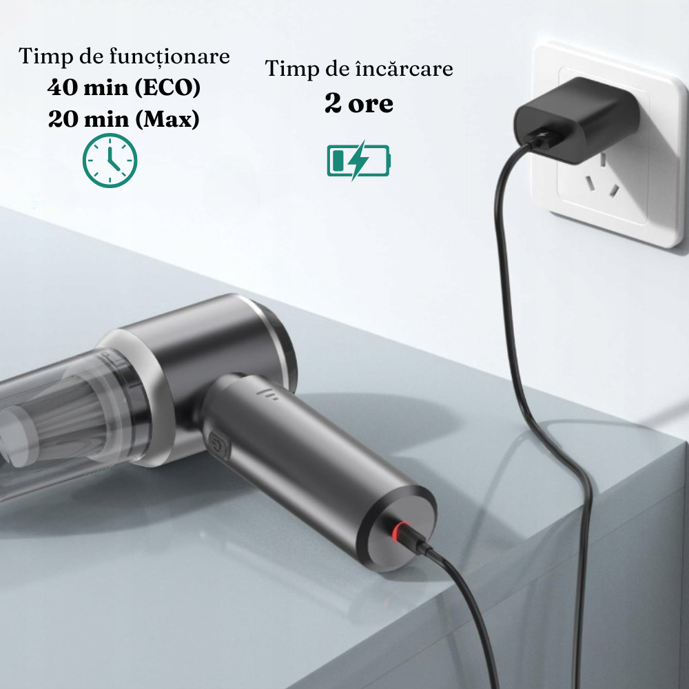 Преносима прахосмукачка за кола, 3 скорости, 100W, Hepa филтър, 2000mAh, 7 всмукателни глави, 50dB