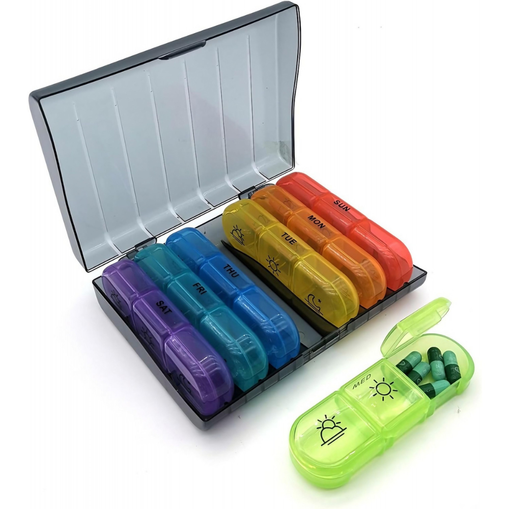 Medicine Organizer Box, Weekly, 21 Compartments, Compact, Portable