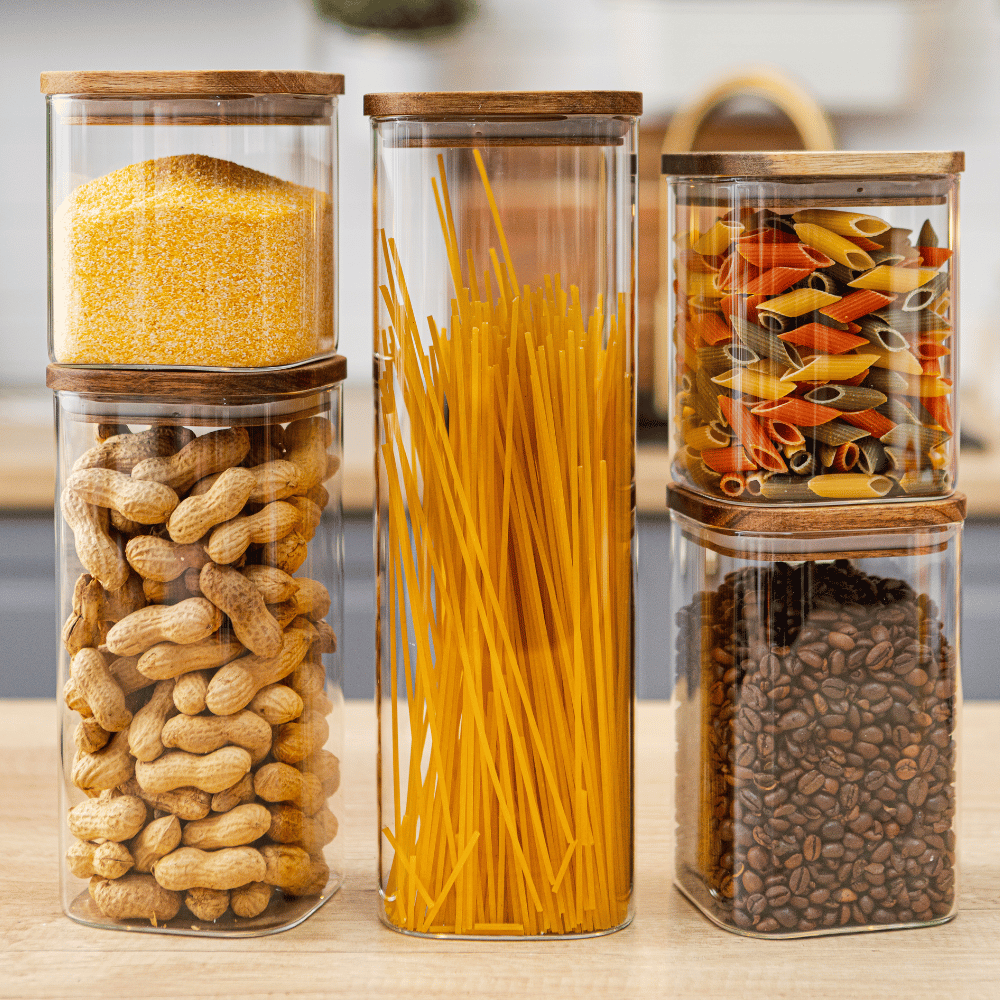 Комплект от 5 контейнера за съхранение на храна, стъкло, херметични капаци, изработени от бамбуково/акациево дърво