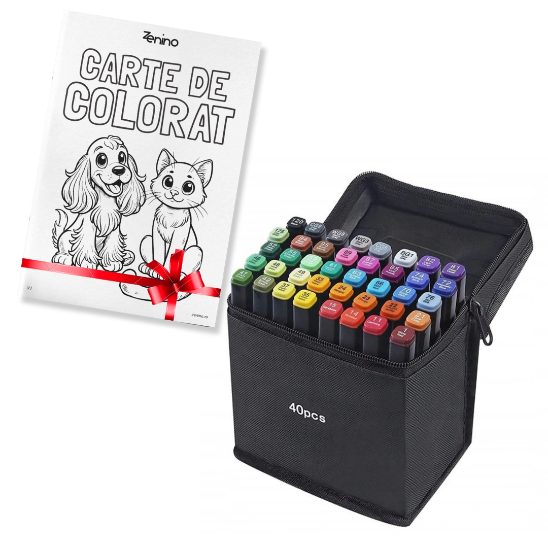 Set Markere + Carte de Colorat CADOU, Varf Dublu, Culori Intense, Geanta de Depozitare, Multicolor