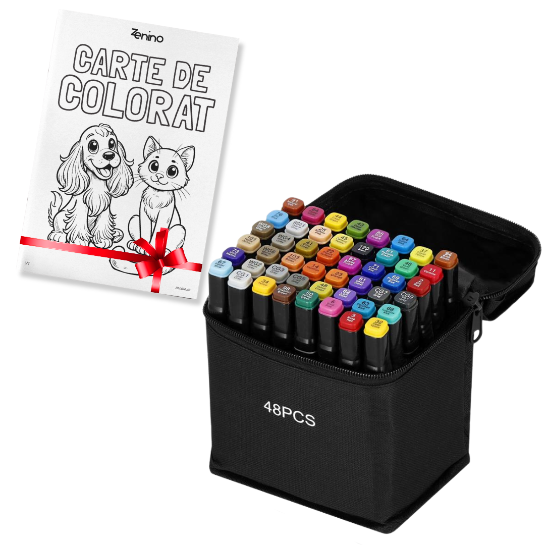 Set Markere + Carte de Colorat CADOU, Varf Dublu, Culori Intense, Geanta de Depozitare, Multicolor