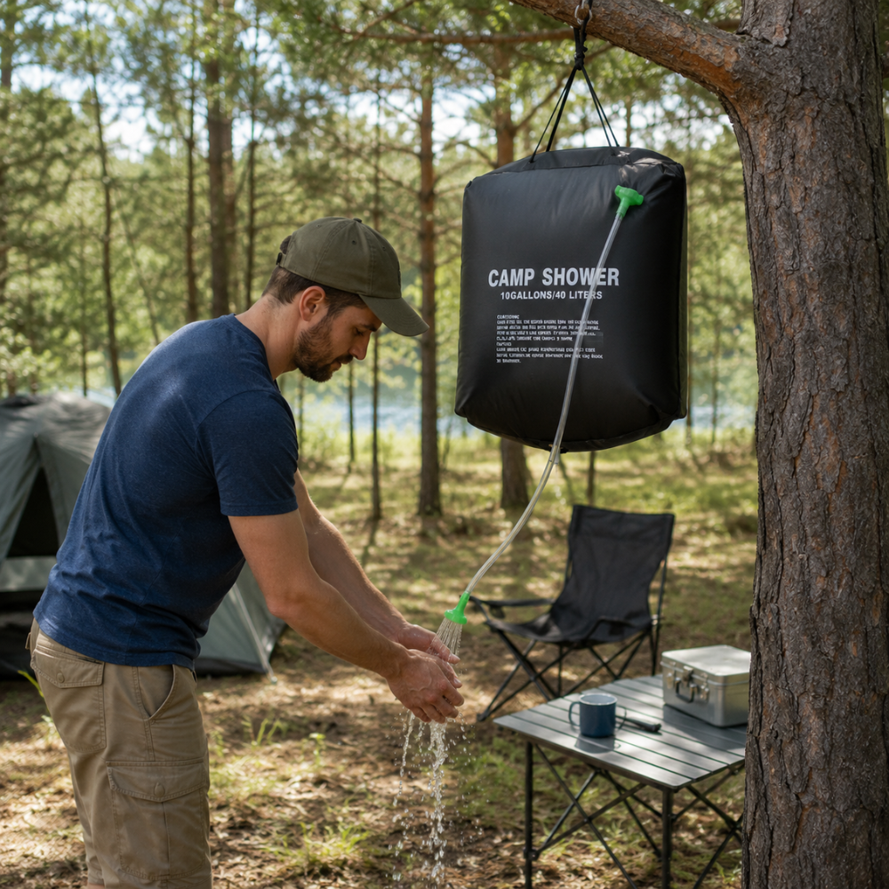 Dus Portabil cu Incalzire Solara, 20L, 40L, pentru Camping, Maner Agatare