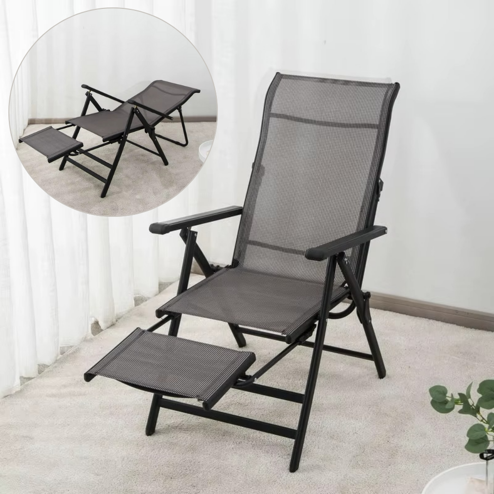 2in1 Garden Chair, Chaise Lounge Type, Footrest, Foldable, Metal Frame, Teslin Fabric, Black