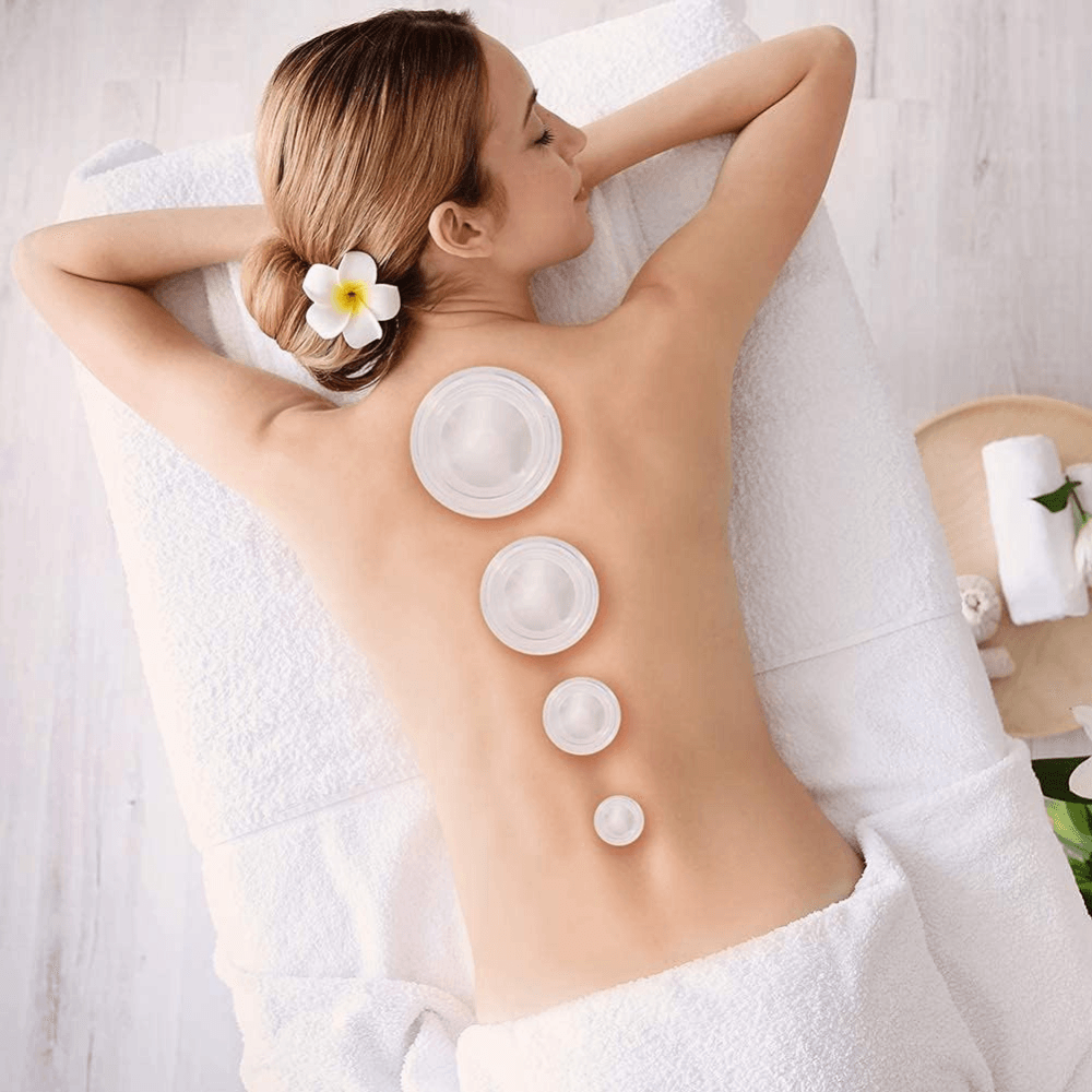 Комплект от 4 масажни вендузи, терапевтични, антицелулитни, релаксиращи, мек силикон, прозрачни/сини