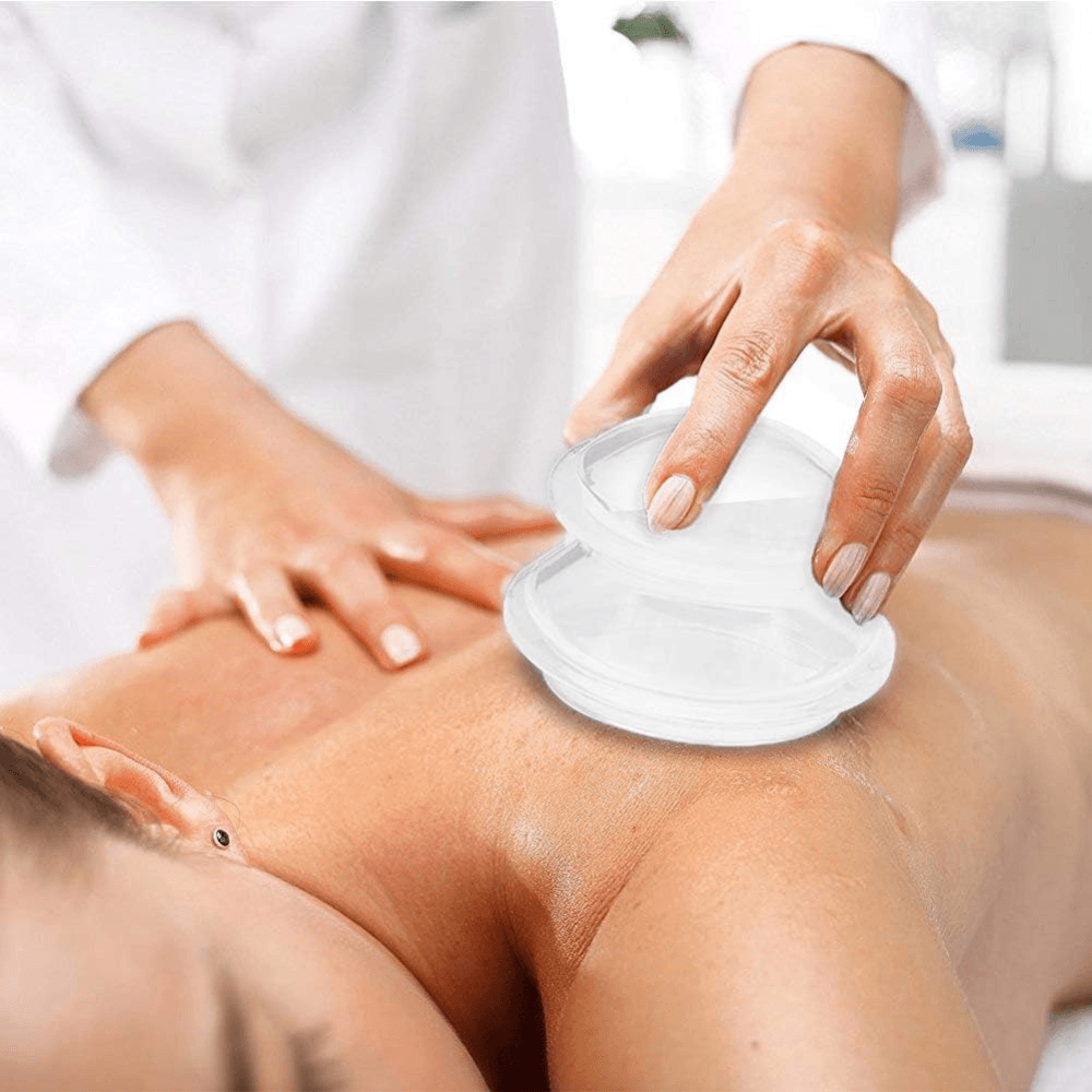 Комплект от 4 масажни вендузи, терапевтични, антицелулитни, релаксиращи, мек силикон, прозрачни/сини