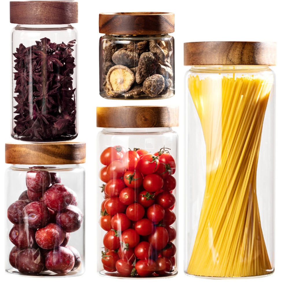 Set of 5 Food Storage Containers, Screw Closure, Acacia Wood, Glass