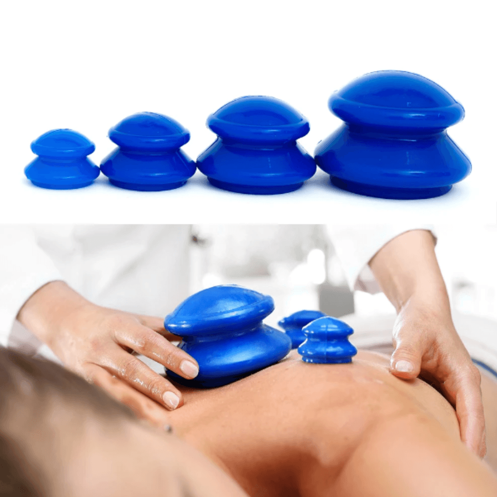 Комплект от 4 масажни вендузи, терапевтични, антицелулитни, релаксиращи, мек силикон, прозрачни/сини