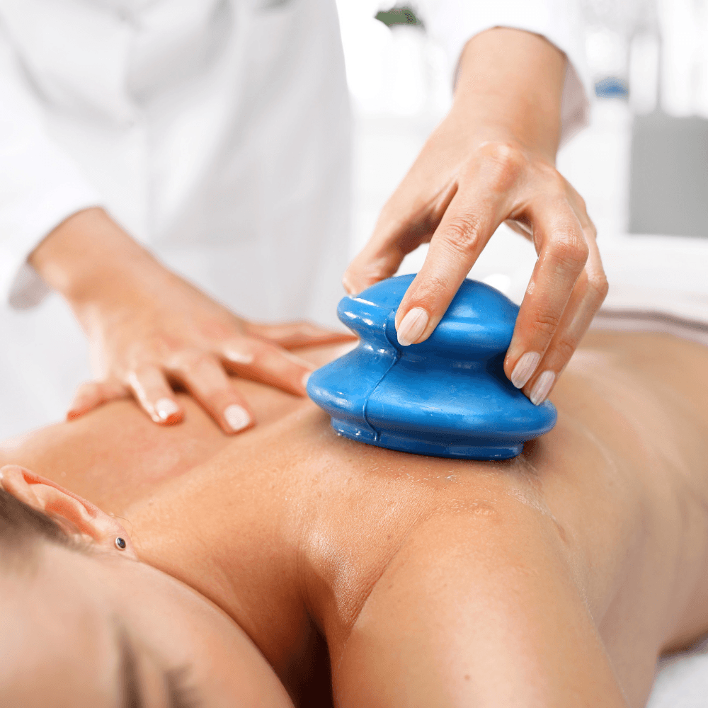 Комплект от 4 масажни вендузи, терапевтични, антицелулитни, релаксиращи, мек силикон, прозрачни/сини