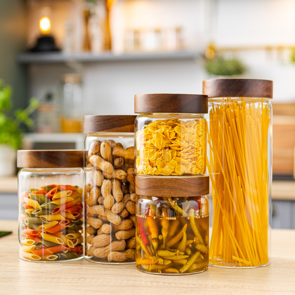 Set of 5 Food Storage Containers, Screw Closure, Acacia Wood, Glass