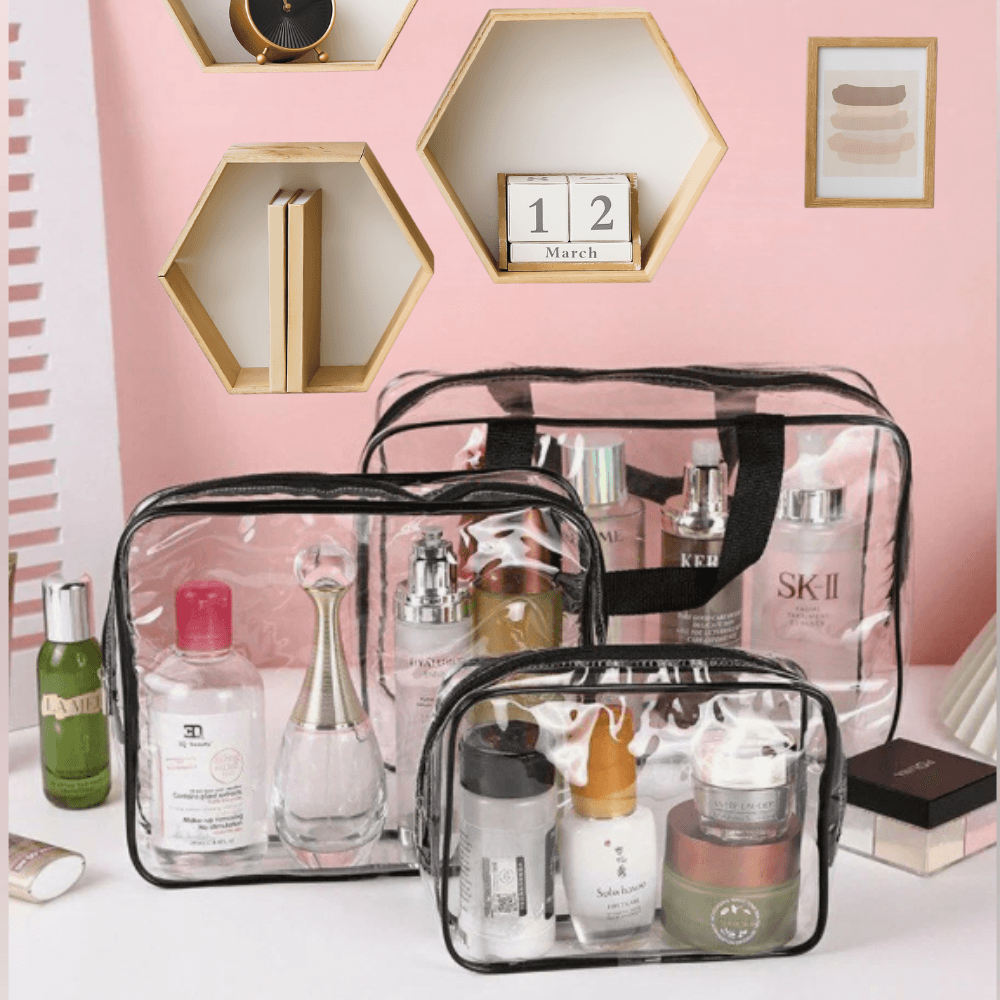 Комплект от 3 козметични чантички-органайзери, водоустойчиви, 3 различни размера, PVC, за пътуване, прозрачни