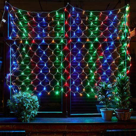 Instalatie de Craciun, Tip Plasa, Becuri LED, 8 Jocuri de Lumini, Interconectabila, Fir Transparent, Prelungitor 1.5m, Alb Cald, Rece, Multicolor