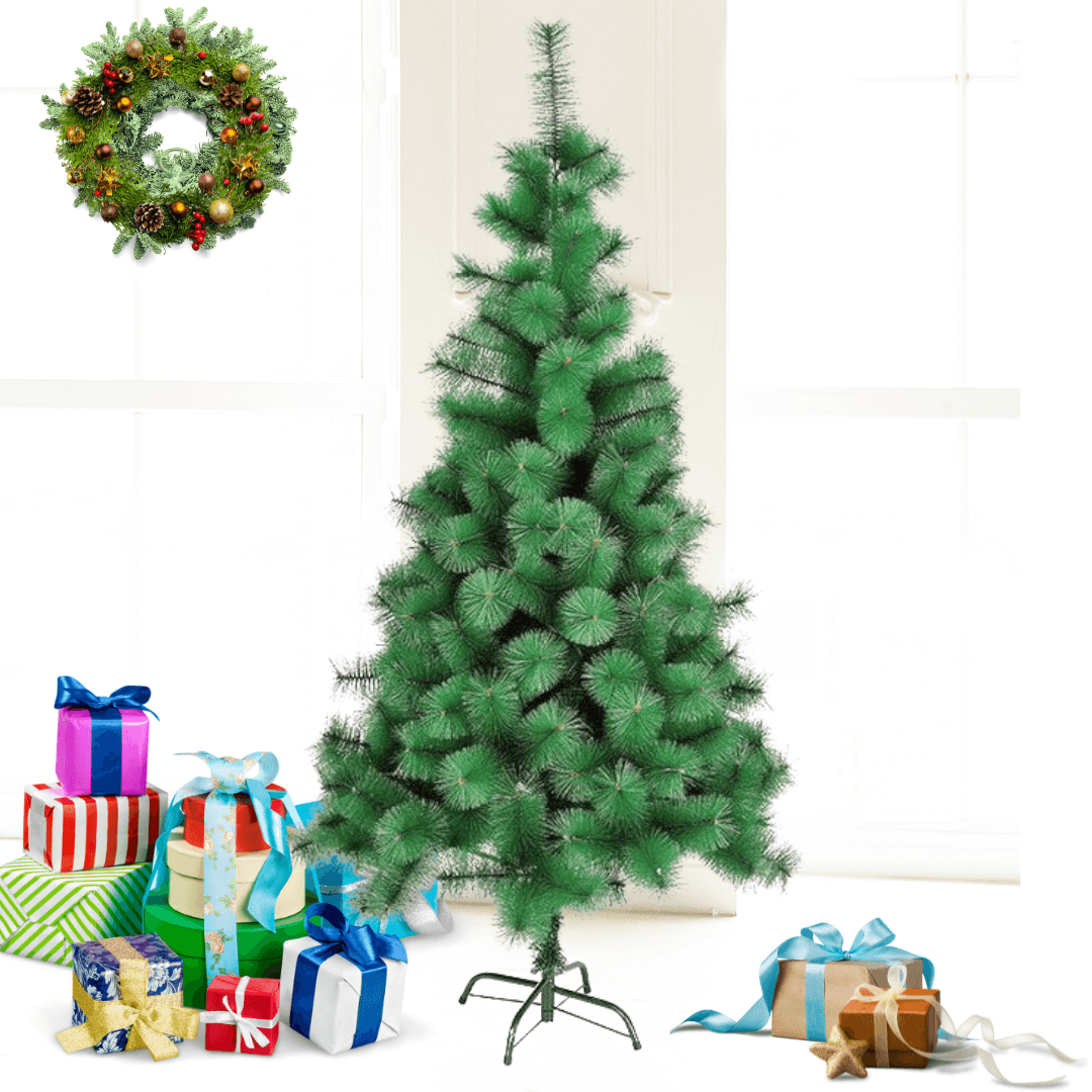Brad de Craciun, Model Pin, Artificial, Ramuri Stufoase, Suport Metalic/Plastic, Usor de Instalat, Verde