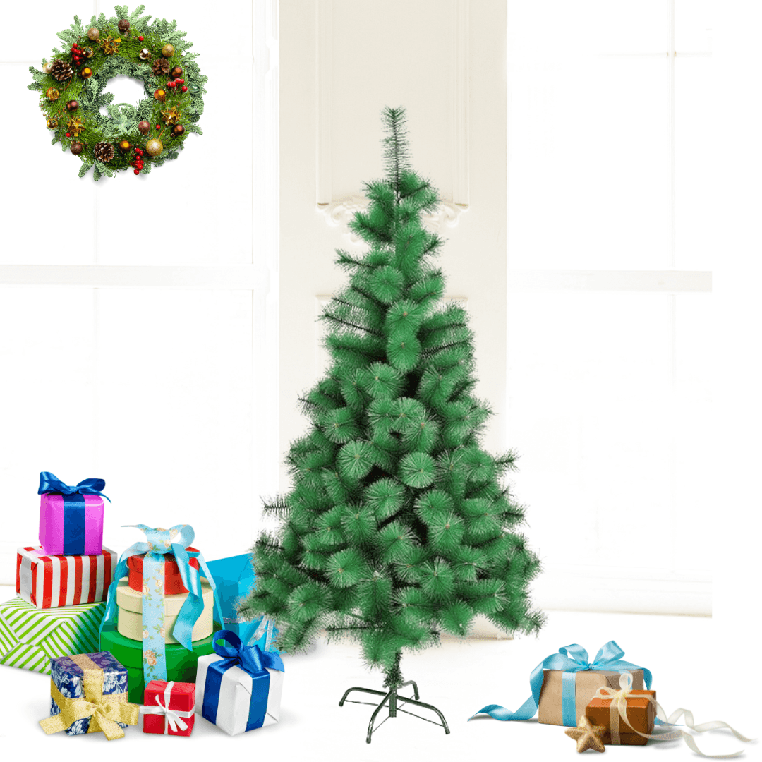 Brad de Craciun, Model Pin, Artificial, Ramuri Stufoase, Suport Metalic/Plastic, Usor de Instalat, Verde