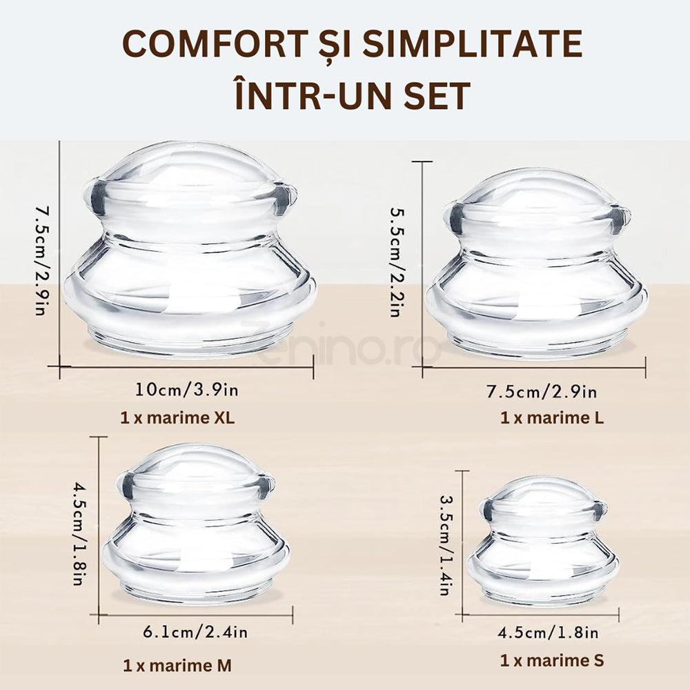 Комплект от 4 масажни вендузи, терапевтични, антицелулитни, релаксиращи, мек силикон, прозрачни/сини