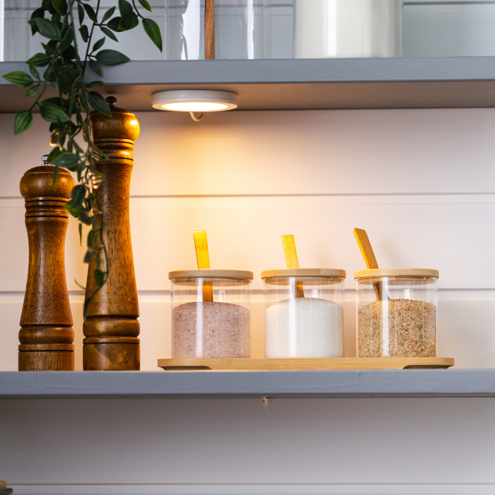 Комплект от 3 кутии за подправки, бамбукова поставка, лъжичка включена, стъкло