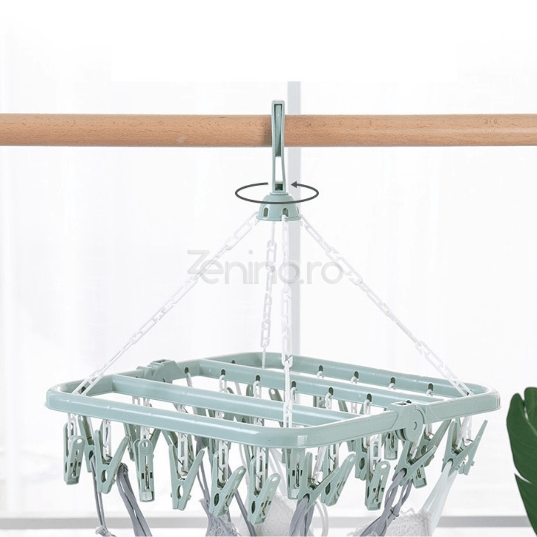 Сушилня за дрехи, с 32 куки, за чорапи, бебешки дрехи, сгъваема, въртене на 360 градуса, със закачалки, 32x32 см, розова, синя, зелена