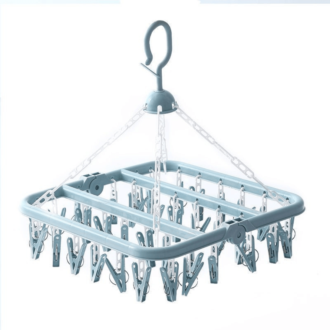 Сушилня за дрехи, с 32 куки, за чорапи, бебешки дрехи, сгъваема, въртене на 360 градуса, със закачалки, 32x32 см, розова, синя, зелена