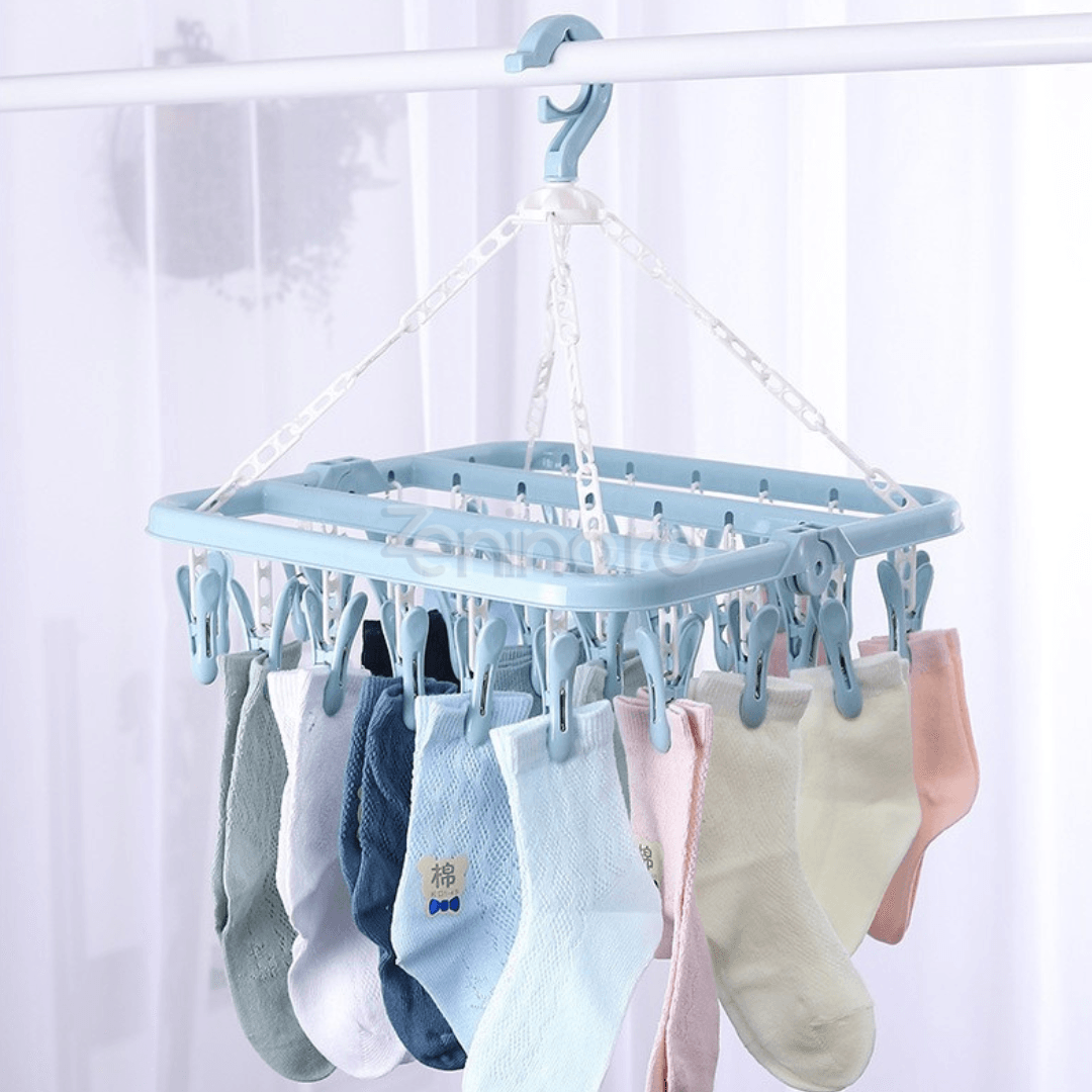 Uscator Rufe, cu 32 Carlige, pentru Sosete, Haine Bebe, Pliabil, Rotire 360, cu Agatatoare, 32x32cm