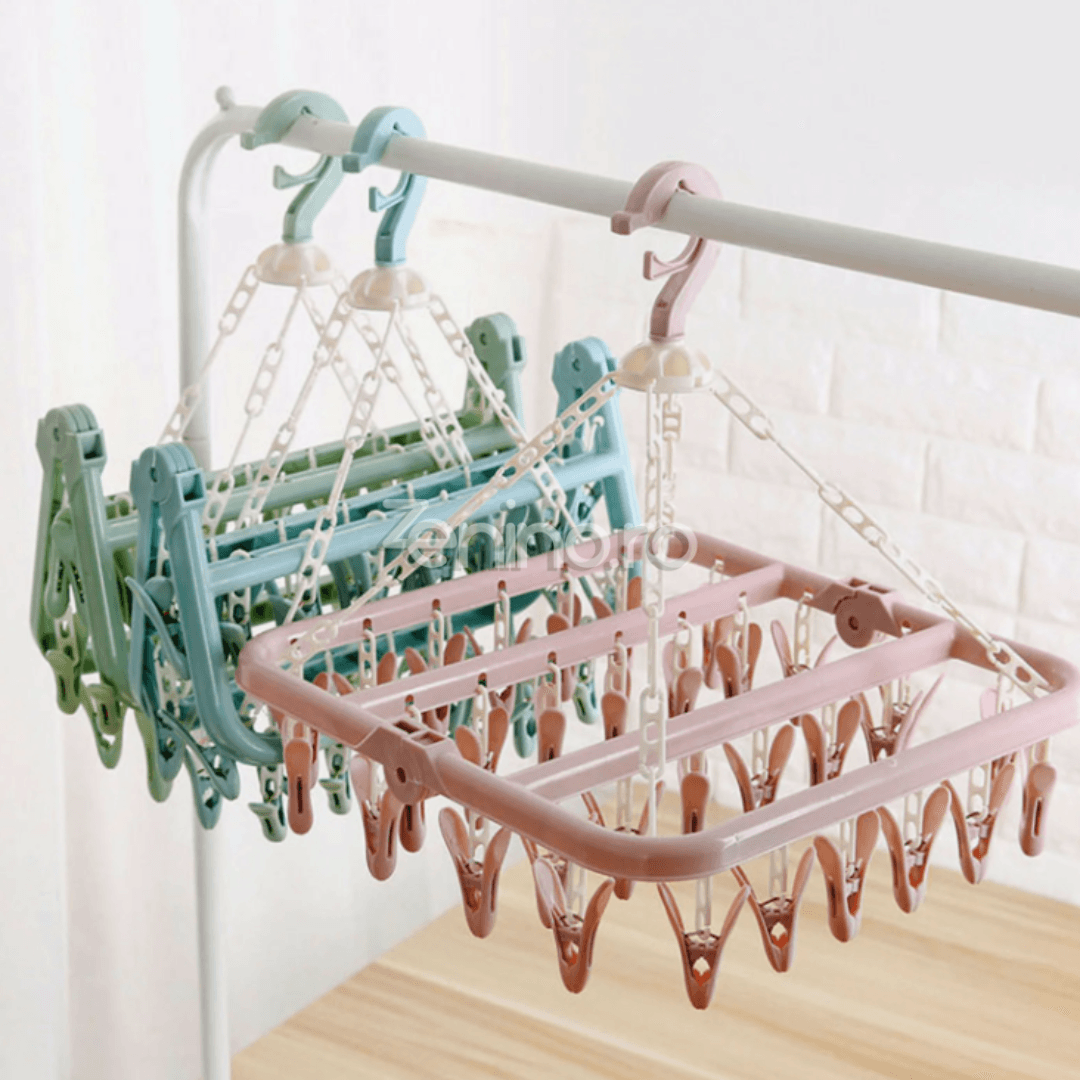Сушилня за дрехи, с 32 куки, за чорапи, бебешки дрехи, сгъваема, въртене на 360 градуса, със закачалки, 32x32 см, розова, синя, зелена
